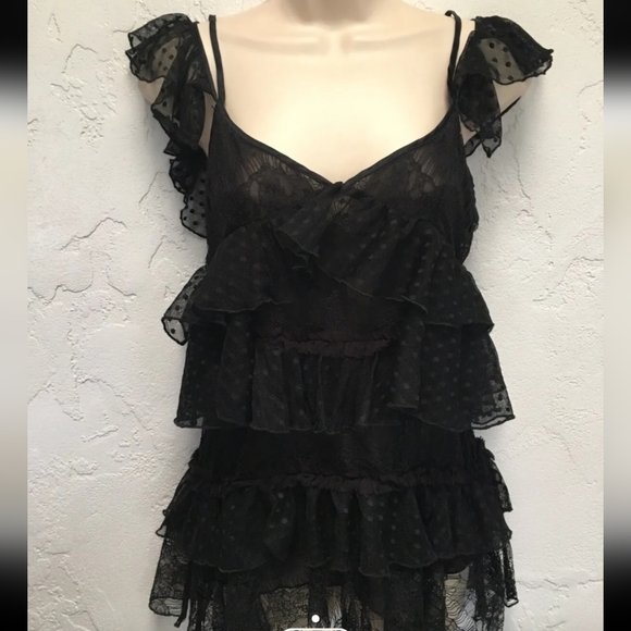 Amen Couture Black Polka Dot Tiered Mesh Lace Blouse - Picture 15 of 15